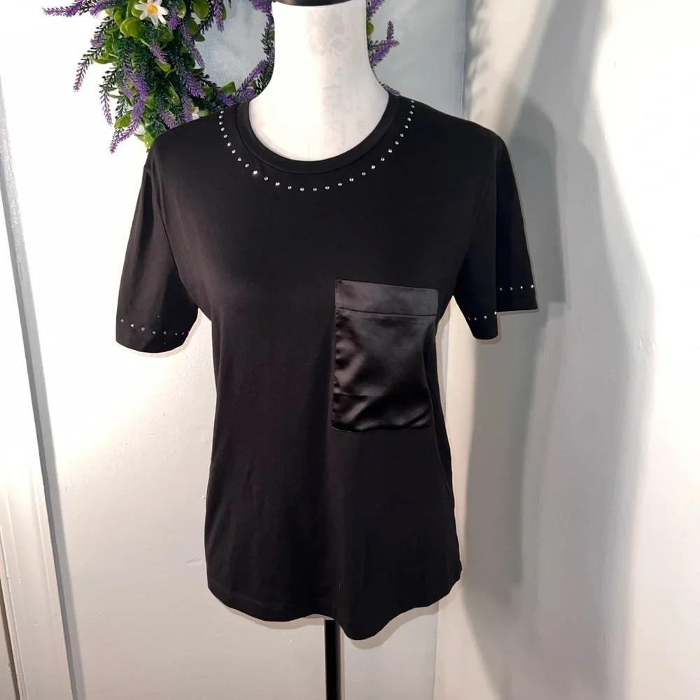 Zara, M, soft black cotton T-shirt studded accents around the collar and sleeves